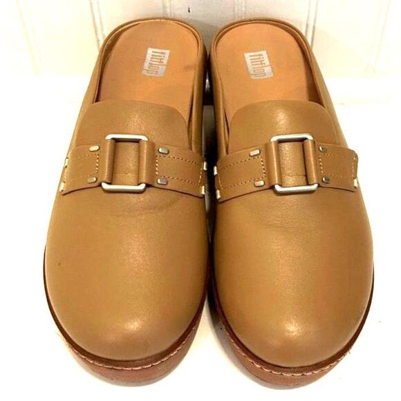 FitFlop Stud-Buckle Leather Platform Tan Mules - Size 7 - Picture 3 of 7